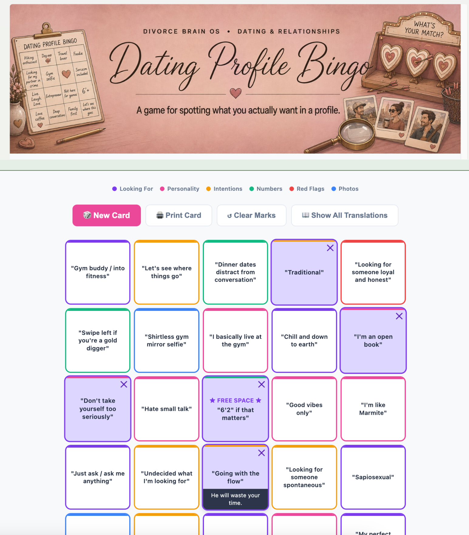 Dating Profile Bingo tool