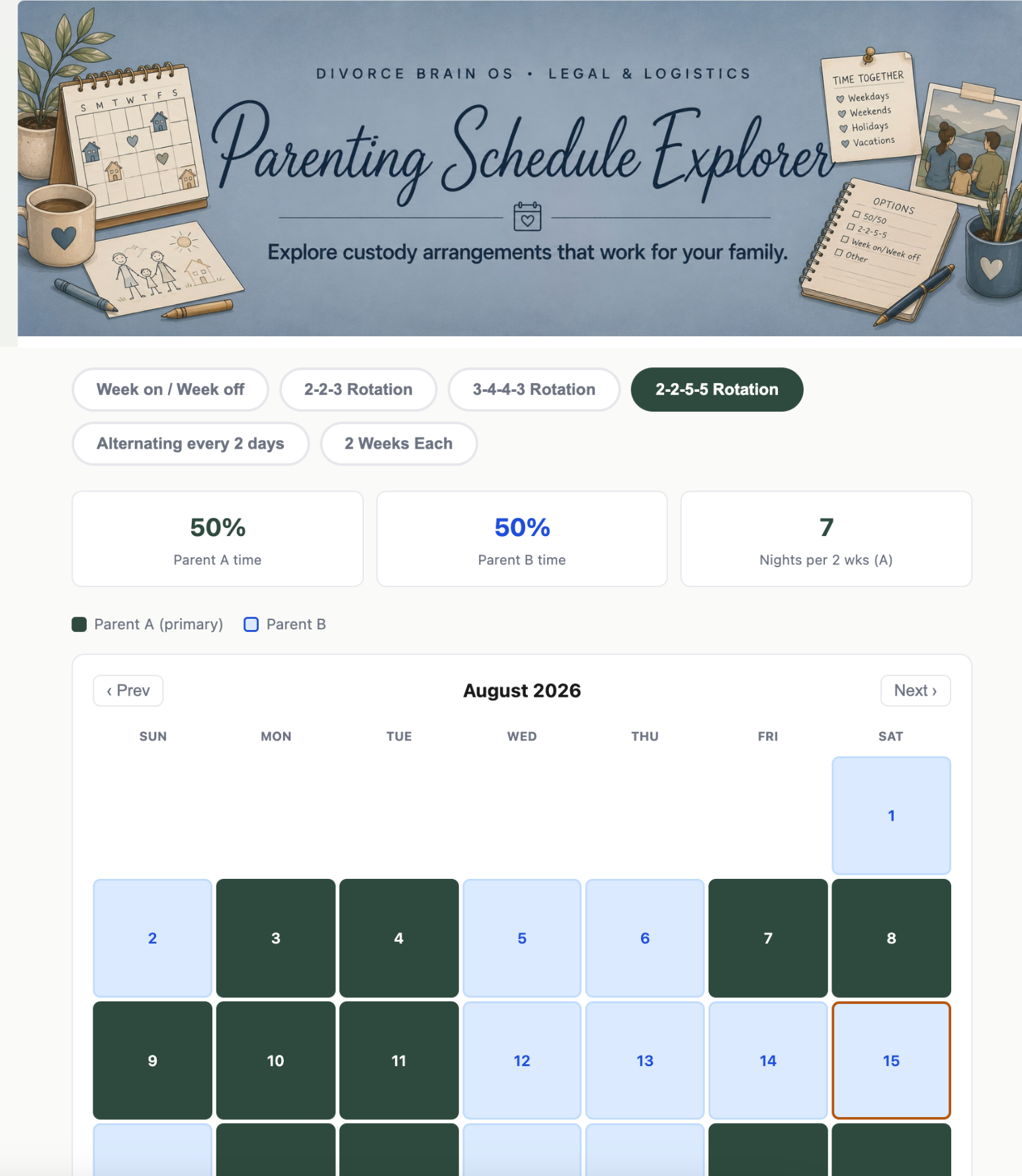 Parenting Schedule Explorer — custody arrangements that work for your family